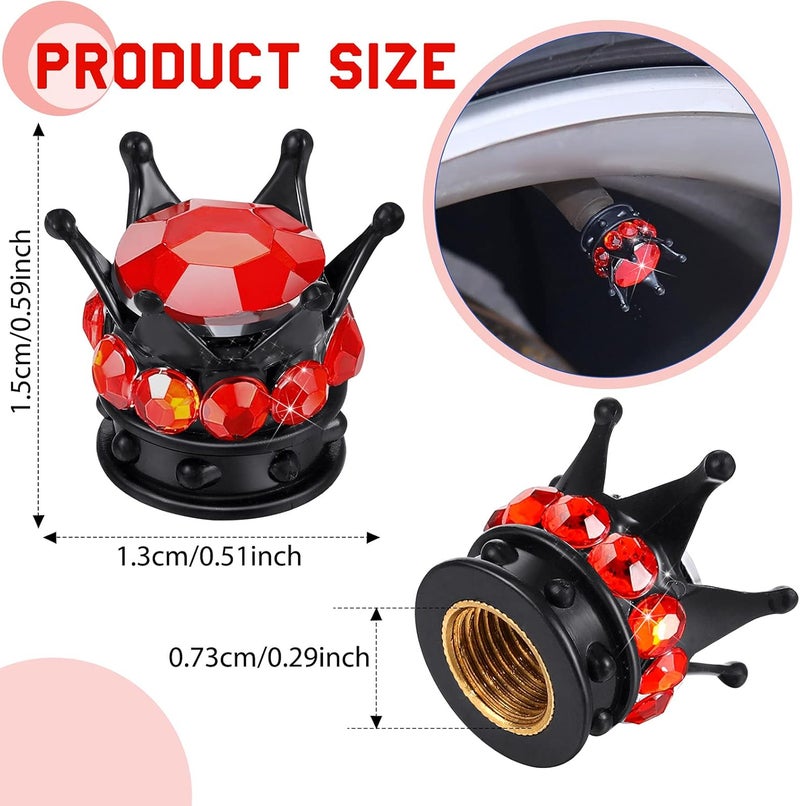 Frienda 4 Pieces Crown Tire Valve Stem Caps Bling Handmade Crystal Rhinestone Universal Chrome Crown Vehicle Car Tire Caps Covers, Attractive Accessories for Car (Red and Black) - Image 2